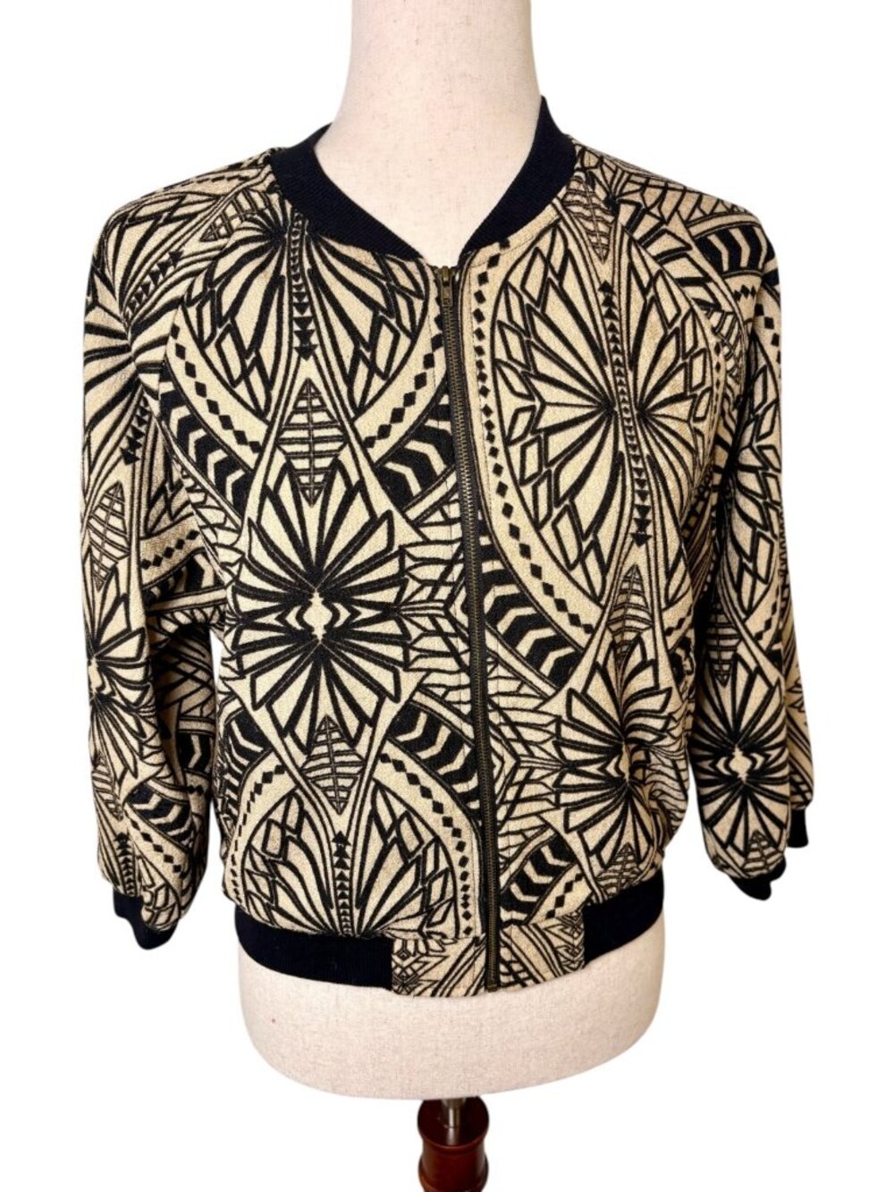 Flying Tomato Black Tan Geometric Print Bomber Jacket Medium